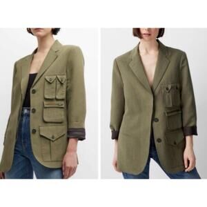 Smythe Surplus Cargo Pocket Tencel Blazer Utility Jacket XS Oversized Army Green